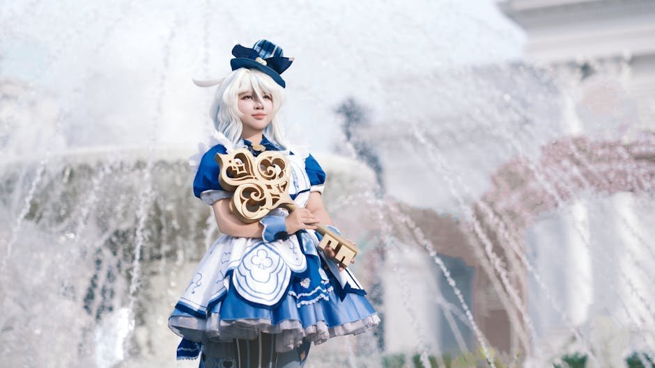 A person in detailed cosplay attire stands confidently by a fountain outdoors.